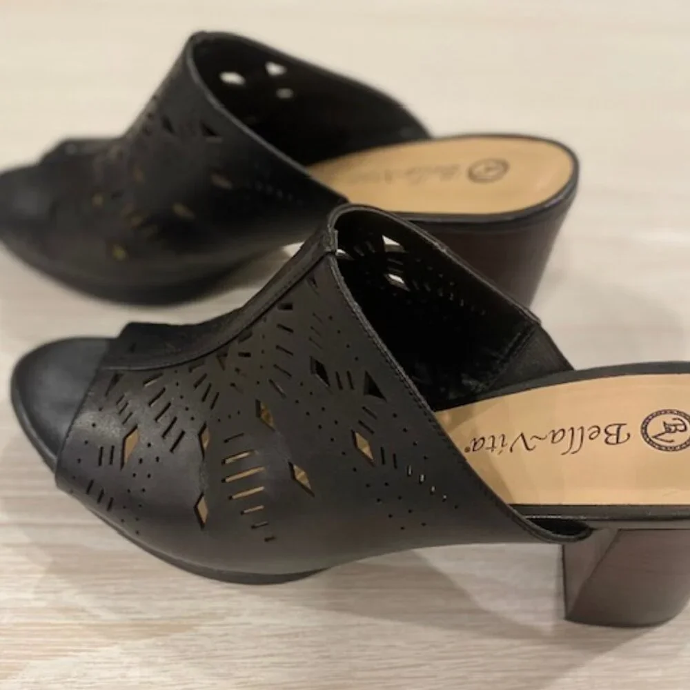 BELLA VITA Leather Laser Cut Peep Toe Slide Heels